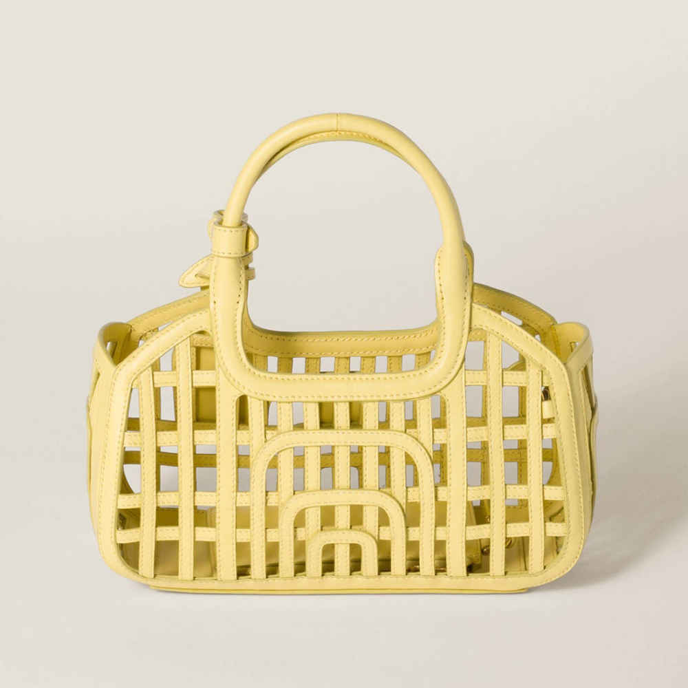 Miu Miu Leather Trimmed Large Yellow Basket Bag-thumb-1
