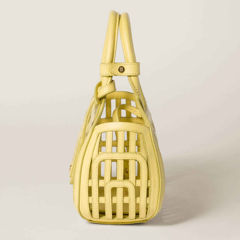 Miu Miu Leather Trimmed Large Yellow Basket Bag-thumb-3