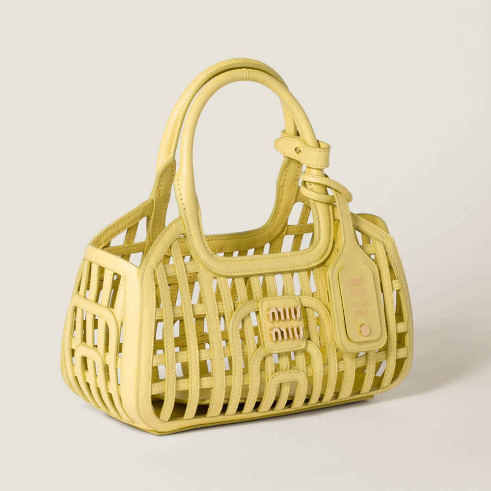 Miu Miu Leather Trimmed Large Yellow Basket Bag-thumb-2