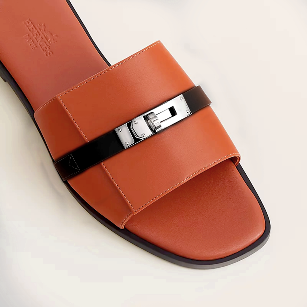 Hermes Paris Birkin Orange & Black Premium Quality Women's Flat Sandals-thumb-3