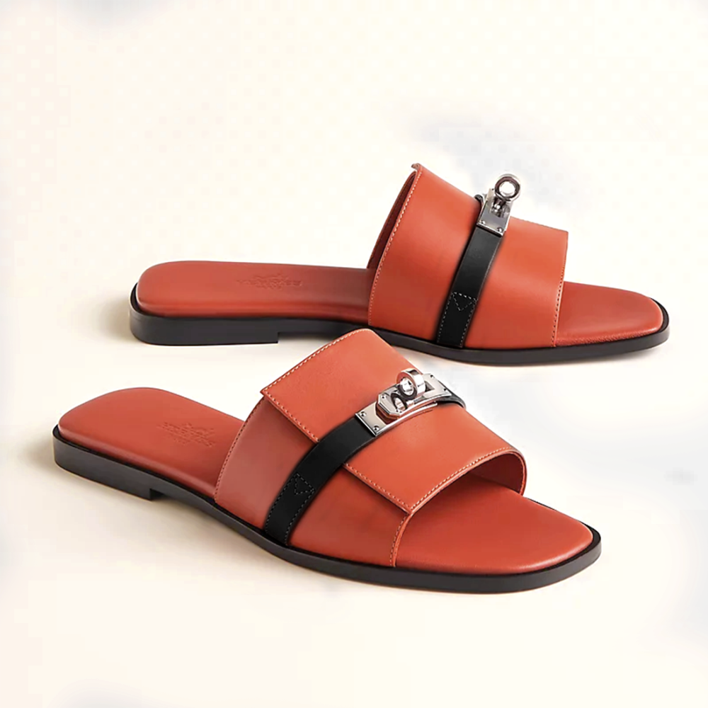 Hermes Paris Birkin Orange & Black Premium Quality Women's Flat Sandals-thumb-2