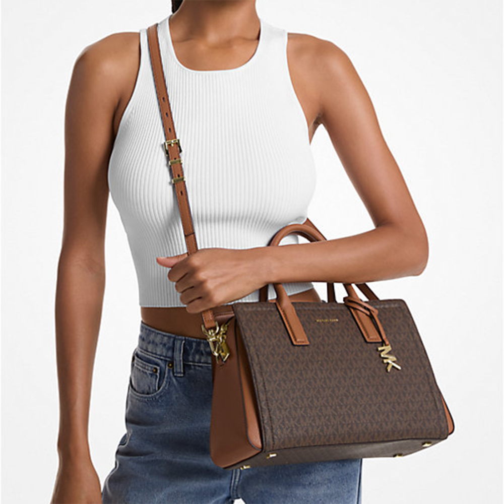 Michael Kors Signature Laila Medium Brown Leather Satchel Bag-1