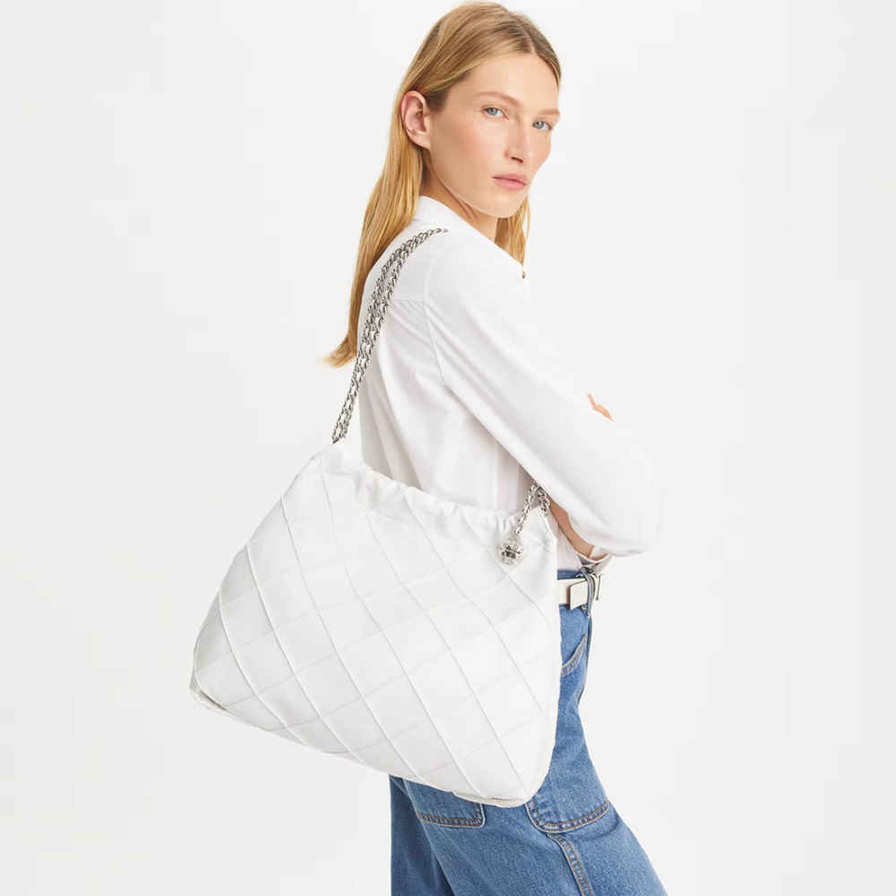 Tory Burch Fleming Drawstring Leatherite White Hobo Bag-thumb-2