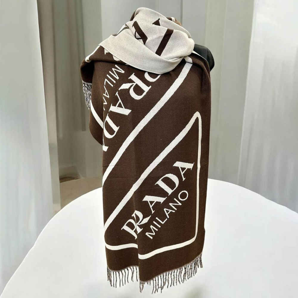 Prada Milano Symbole Reversible Dark Brown Wool-Cashmere Scarf-thumb-2