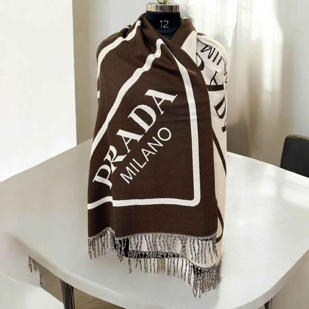 Prada Milano Symbole Reversible Dark Brown Wool-Cashmere Scarf-thumb-1