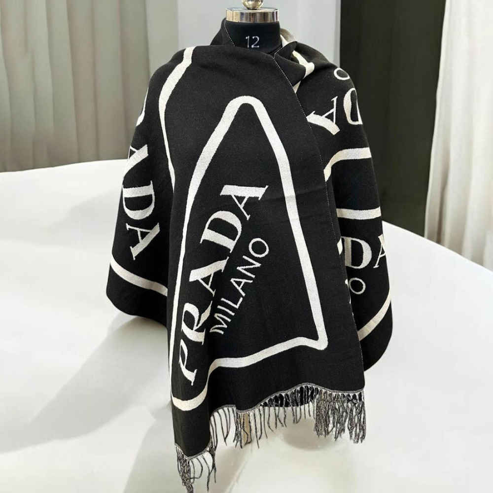 Prada Milano Symbole Reversible Black Wool-Cashmere Scarf-1