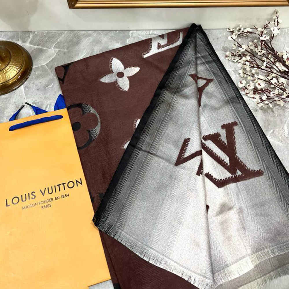 Louis Vuitton Dark Brown Cashmere Wool Blend Scarf-thumb-0