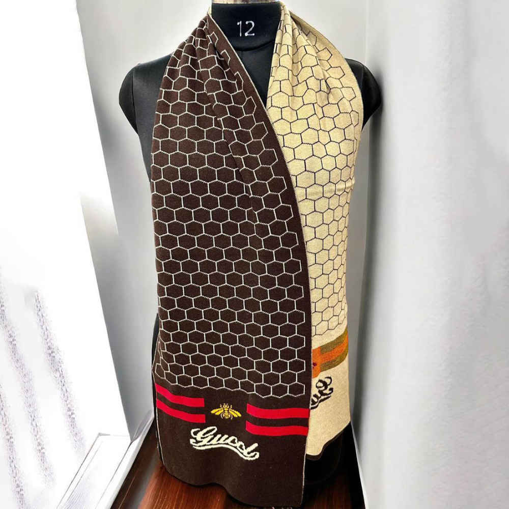 Gucci Bee Honeycomb Pattern Brown Woolen Muffler-thumb-0