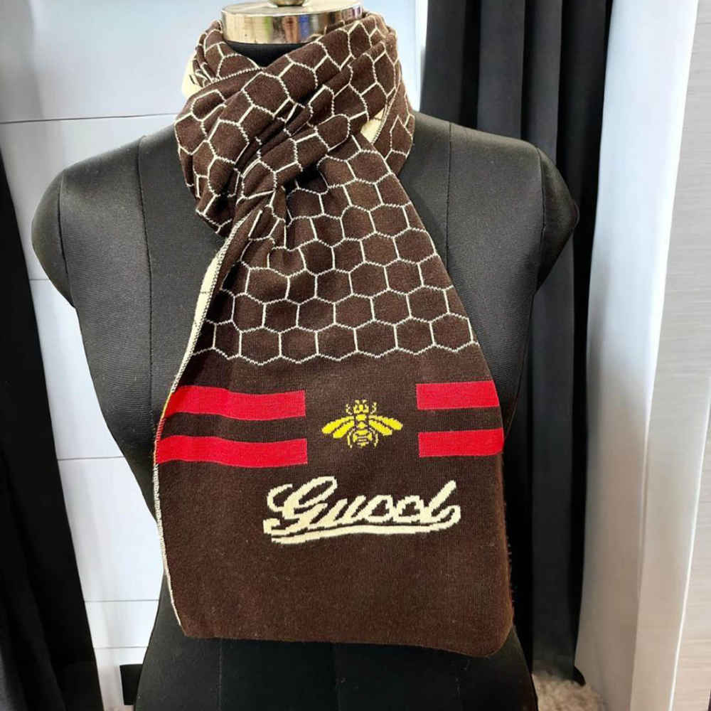 Gucci Bee Honeycomb Pattern Brown Woolen Muffler-thumb-1