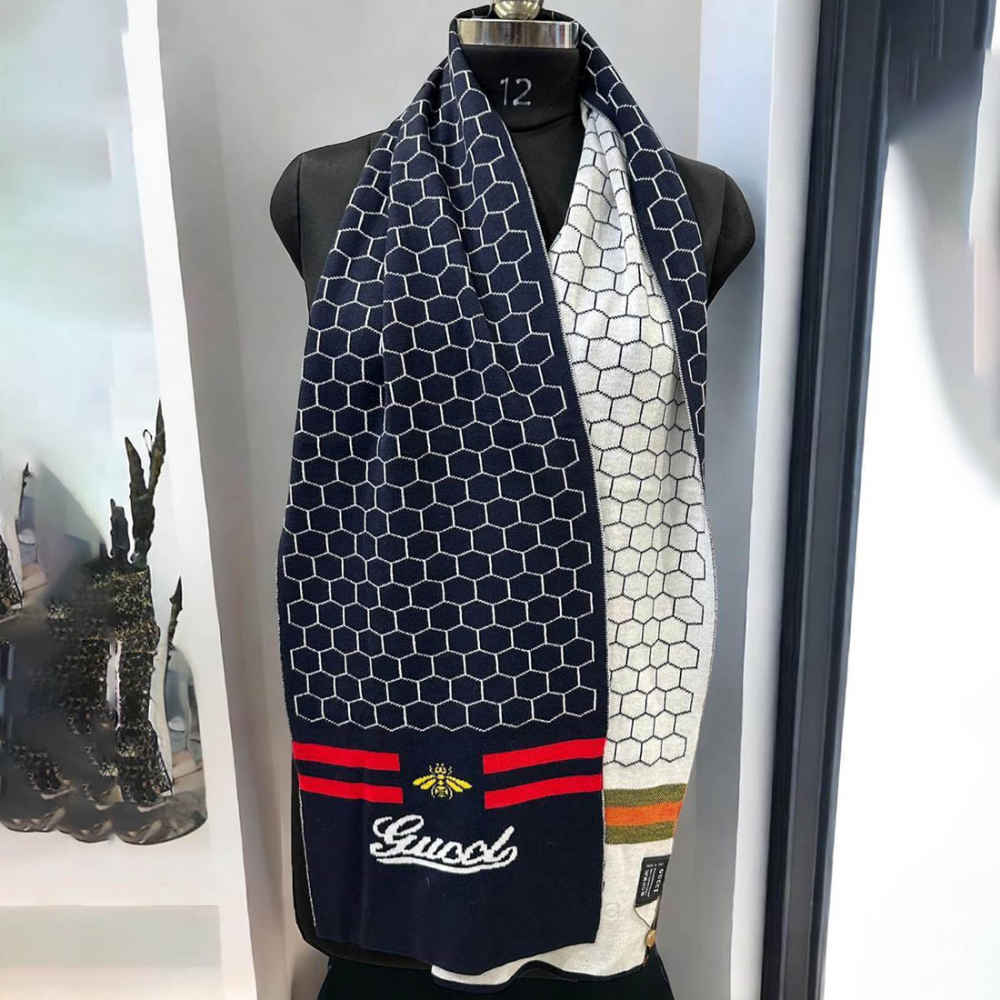 Gucci Bee Honeycomb Pattern Blue Woolen Muffler-thumb-0
