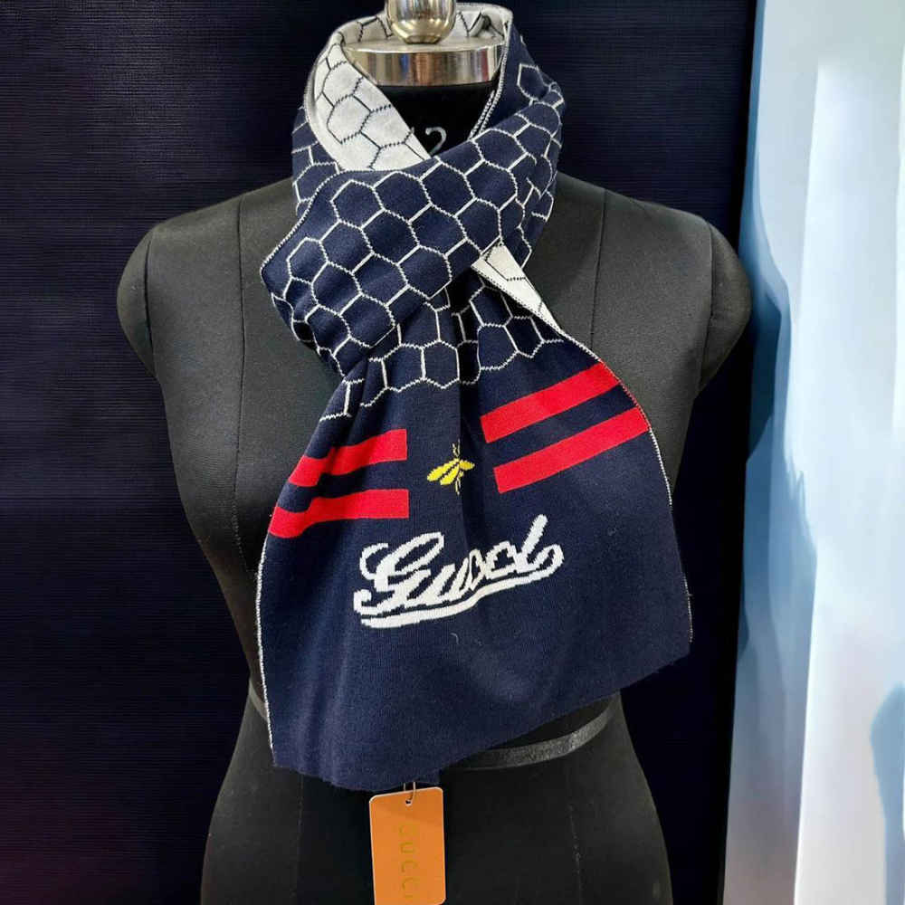 Gucci Bee Honeycomb Pattern Blue Woolen Muffler-thumb-1