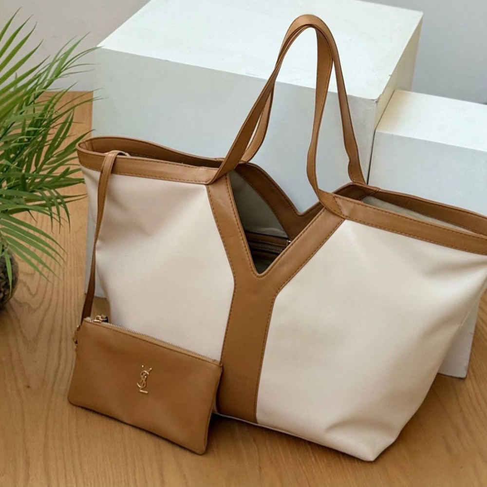 YSL Y Large Brown & White Tote Bag-3