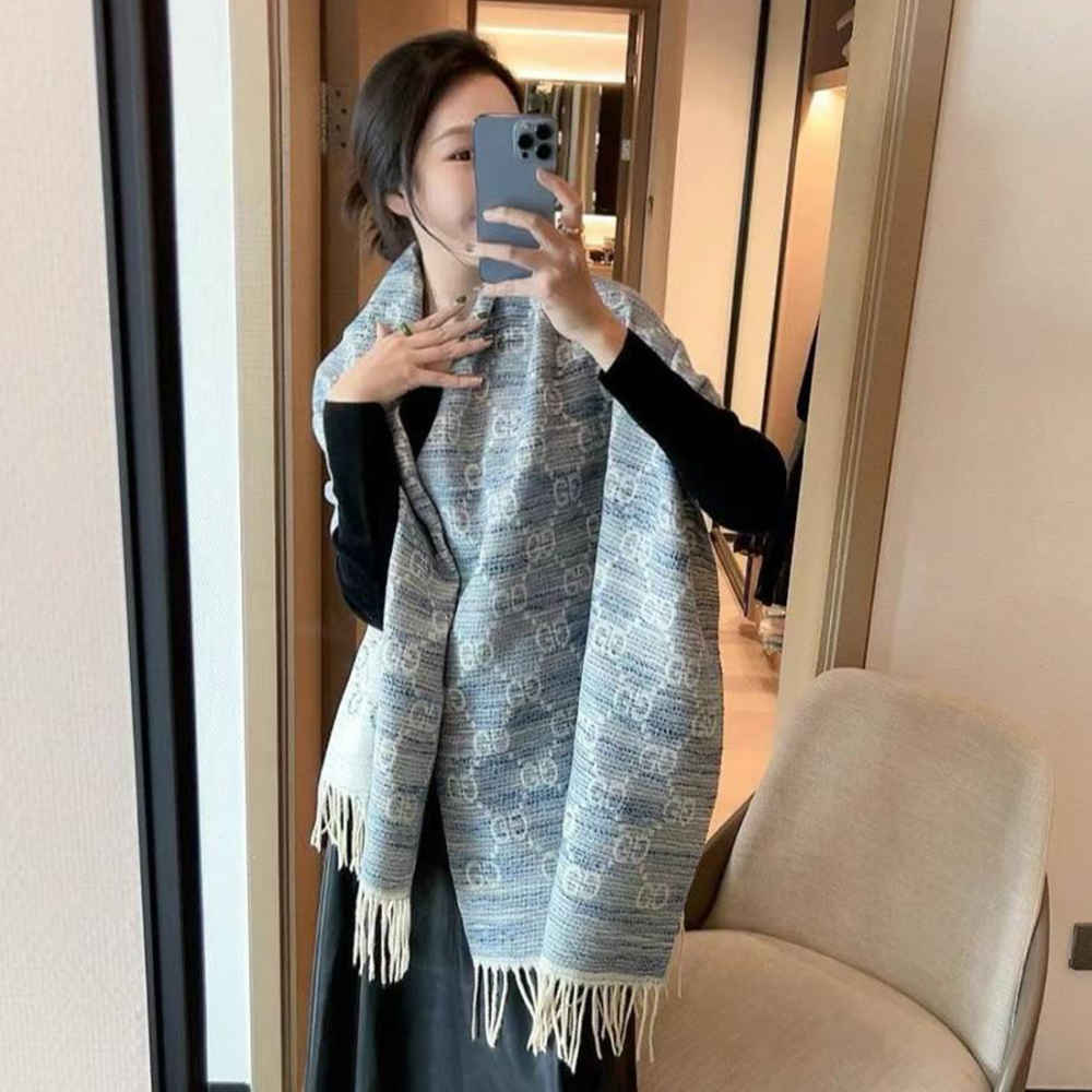 Gucci GG Monogram Bee Warm Blue Woolen Stole-thumb-1
