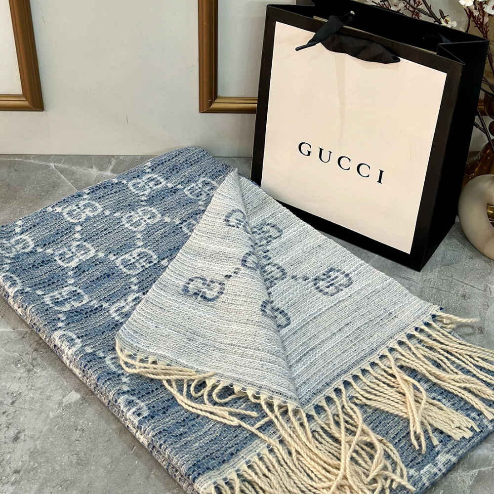 Gucci GG Monogram Bee Warm Blue Woolen Stole-thumb-0