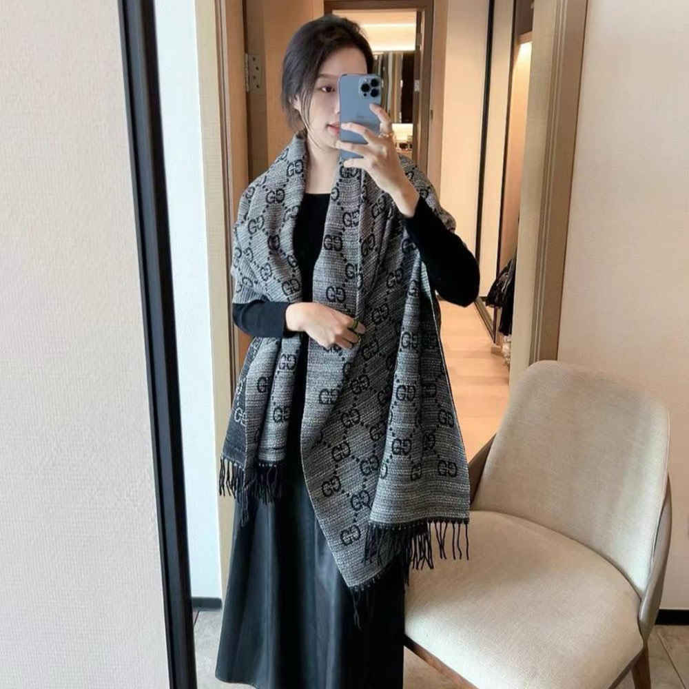 Gucci GG Monogram Bee Warm Grey & Black Woolen Stole-1