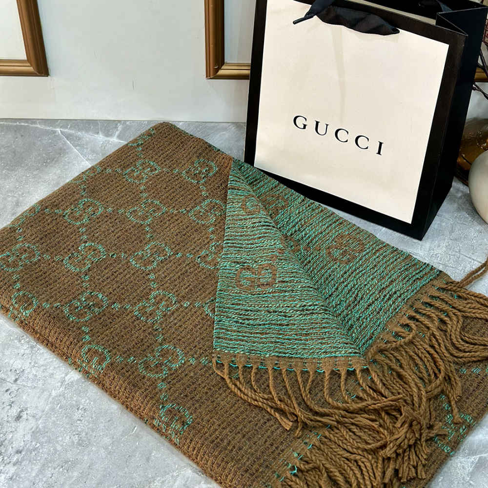 Gucci GG Monogram Bee Warm Brown & Green Woolen Stole-thumb-0