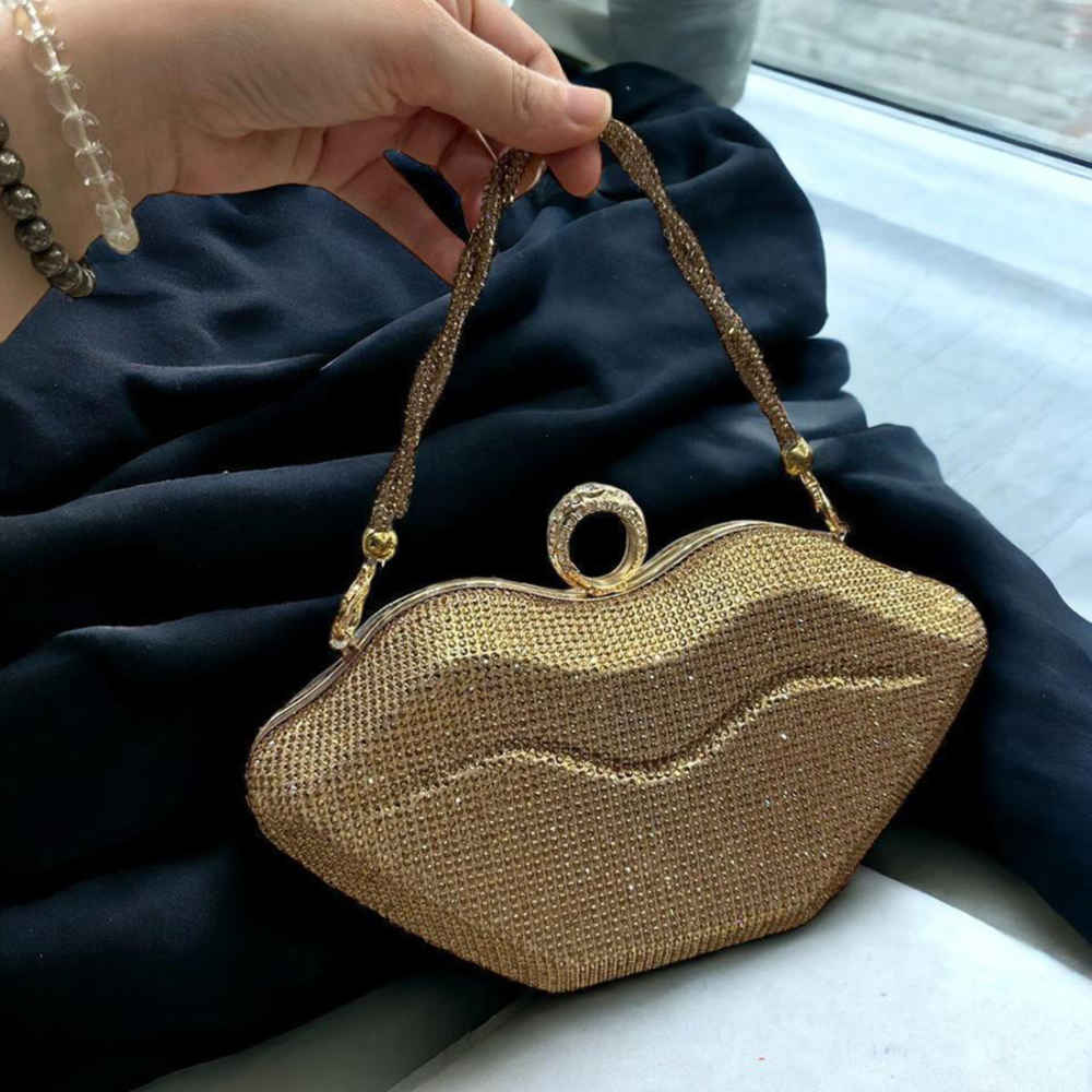 Swvaroski Lip Shape Party Wear Golden Clutch Bag-1