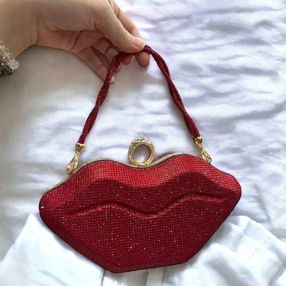 Swvaroski Lip Shape Party Wear Red Clutch Bag-thumb-1