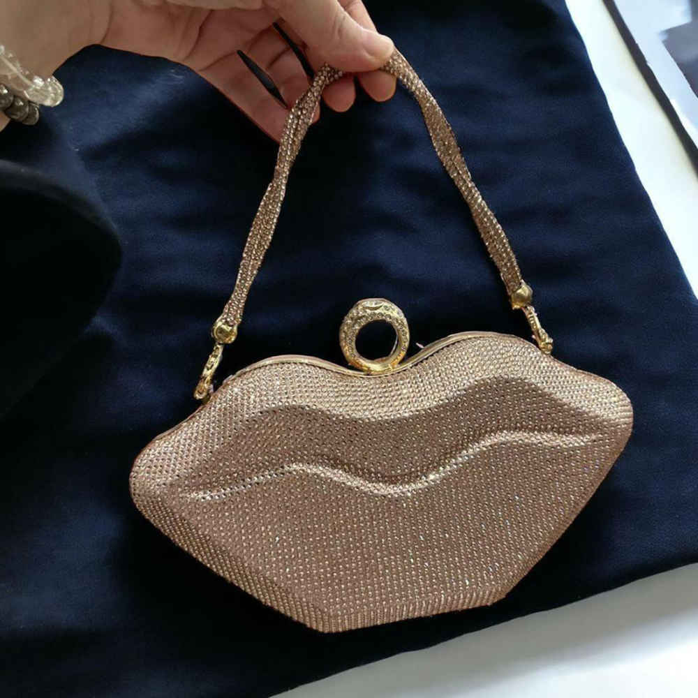 Swvaroski Lip Shape Party Wear Beige Clutch Bag-1