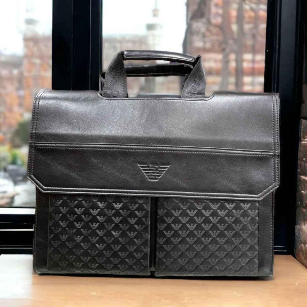 Giorgio Armani Embossed Black Leather Laptop Bag-thumb-0