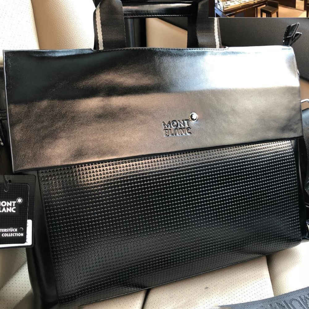 Mont Blanc Black Leather Laptop Bag-thumb-1