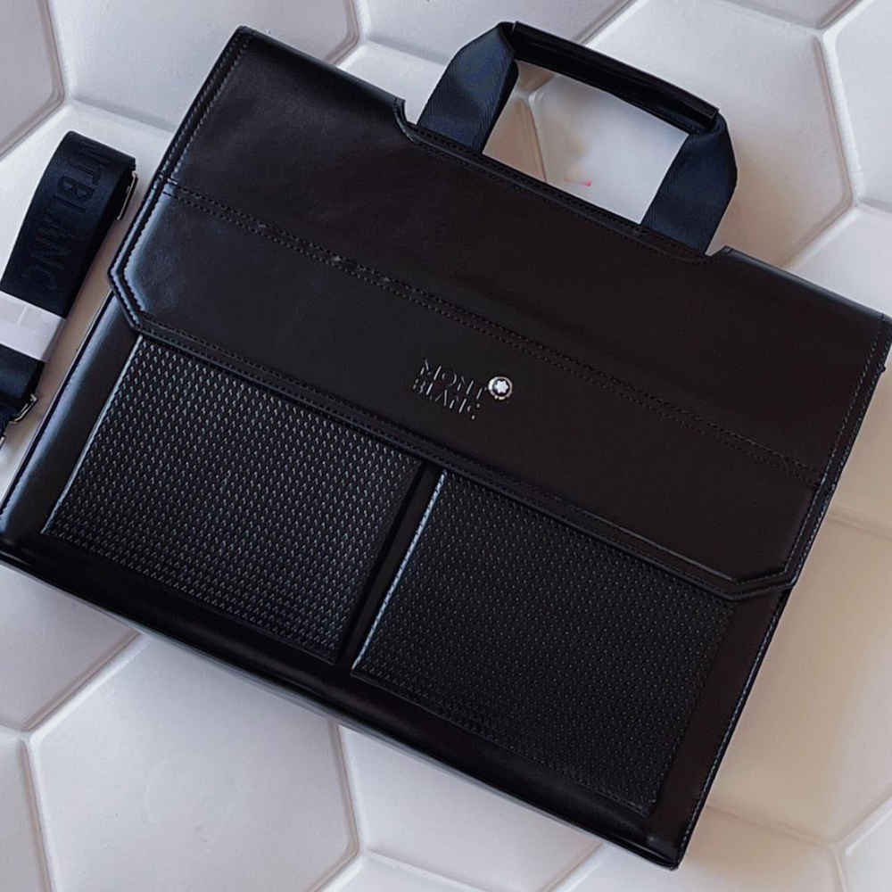 Mont Blanc Black Leather Laptop Bag-thumb-0