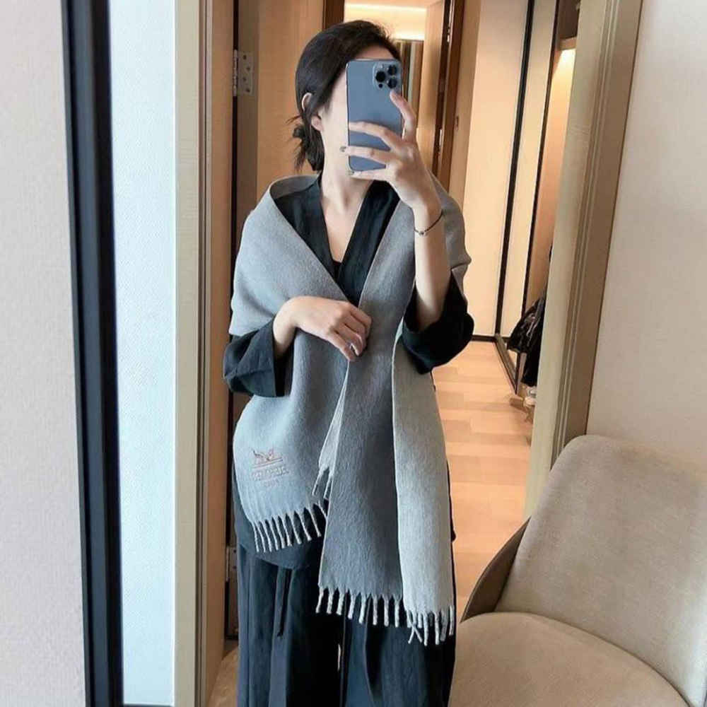 Hermes Premium Quality Grey & White Silk Stole-thumb-1