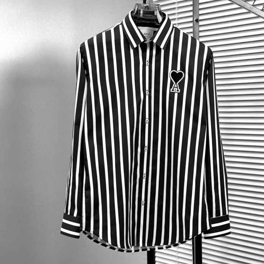 Ami Paris Heart Logo Black Striped Shirt-thumb-0
