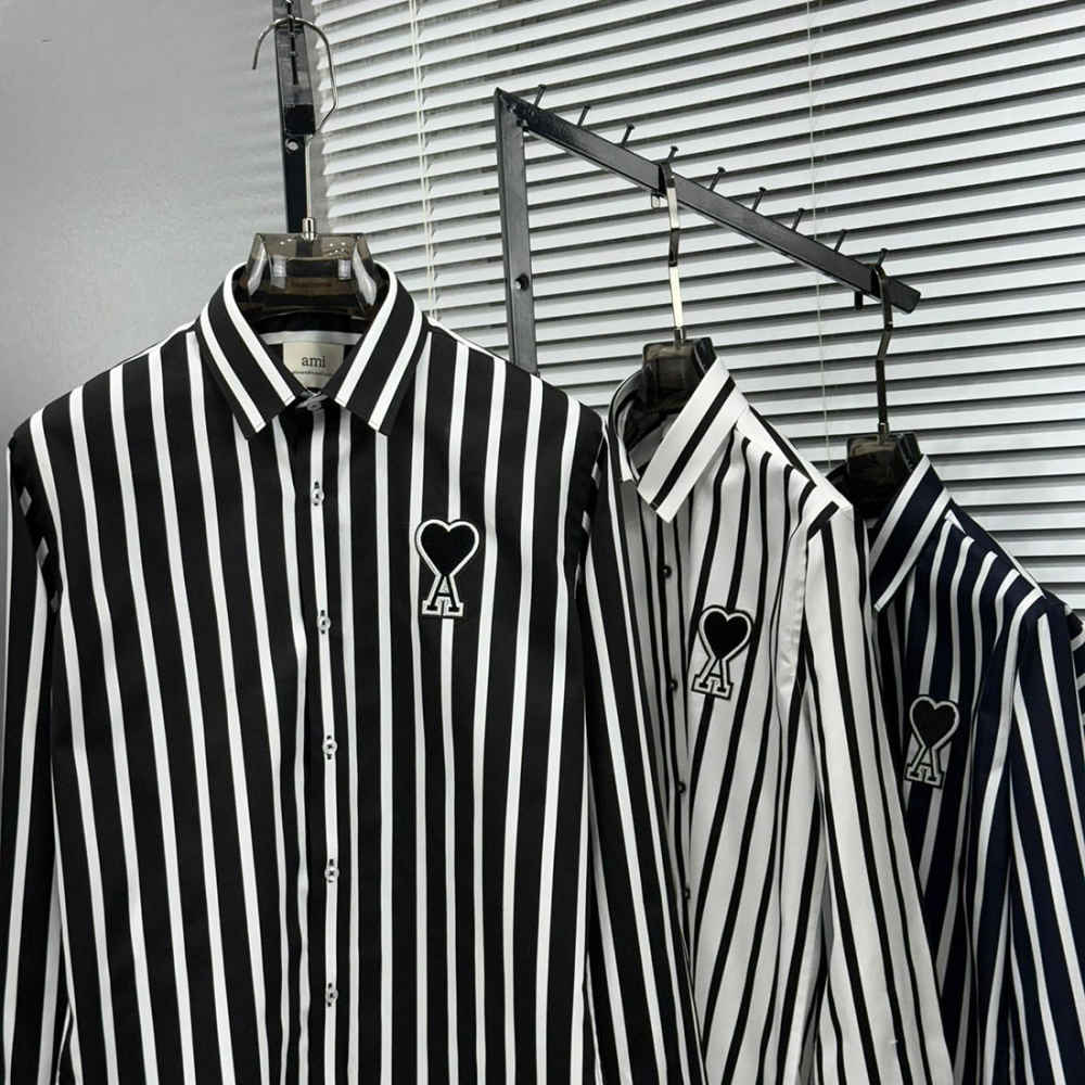 Ami Paris Heart Logo Blue Striped Shirt-3