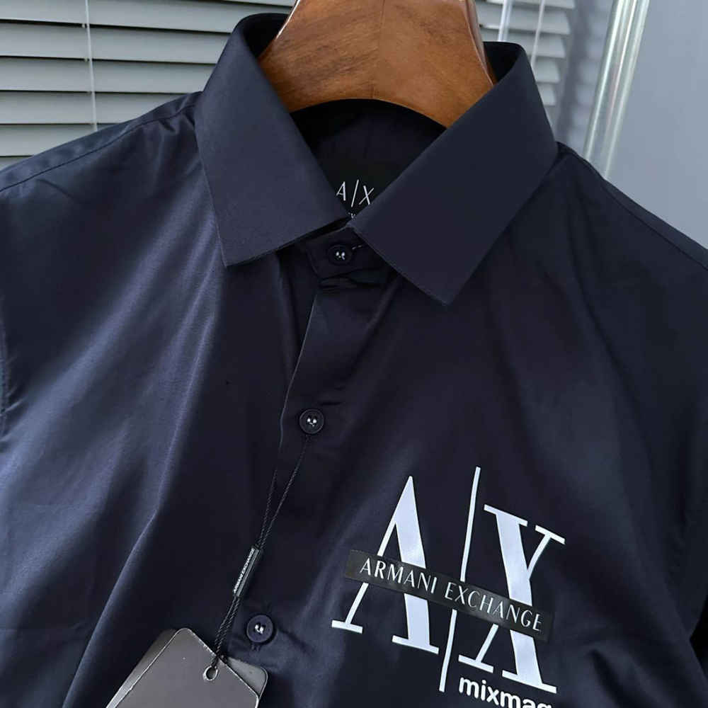 Armani Exchange Men's Mixmag Regular Fit Navy Blue Cotton Shirt-2