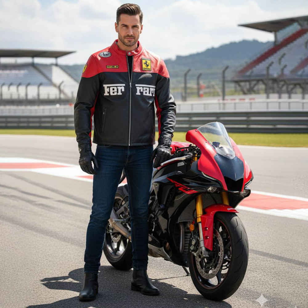 Ferrari F1 Racing Black & Red Leather Jacket-2