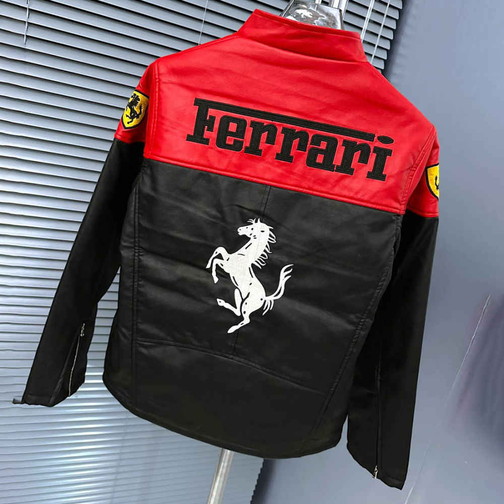 Ferrari F1 Racing Black & Red Leather Jacket-6