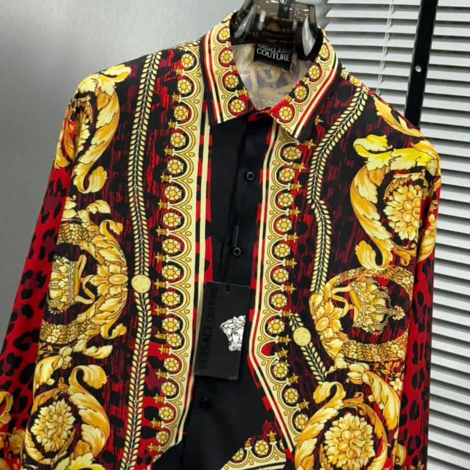 Versace Jeans Couture Wild Barocco Illusion Red Silk Shirt-thumb-4