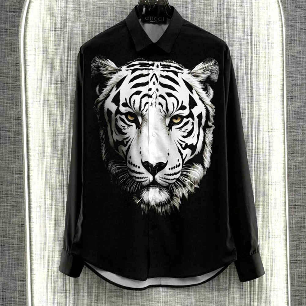 Gucci Tiger Print Black Cotton Shirt-thumb-0