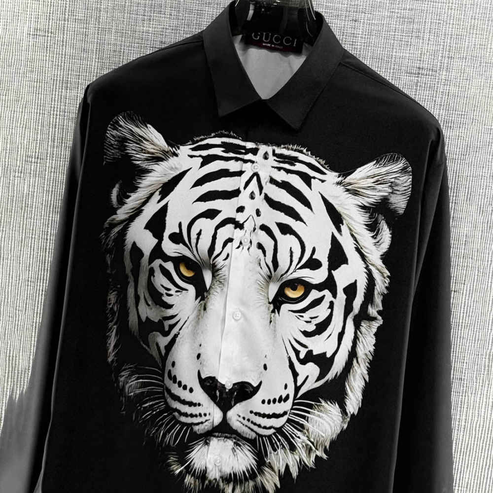 Gucci Tiger Print Black Cotton Shirt-thumb-1