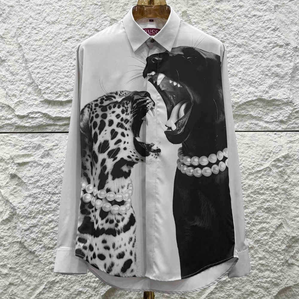 Gucci Leopard and Black Panther White Cotton Shirt-1