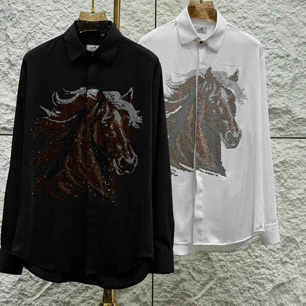 Hermès Crystal-Embroidery Horse Logo Black Premium Shirt-thumb-2