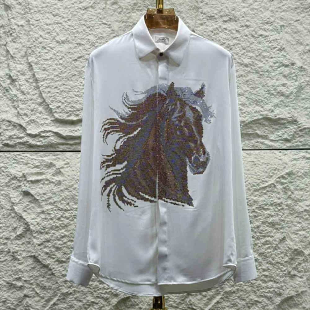 Hermès Crystal-Embroidery Horse Logo White Premium Shirt-2