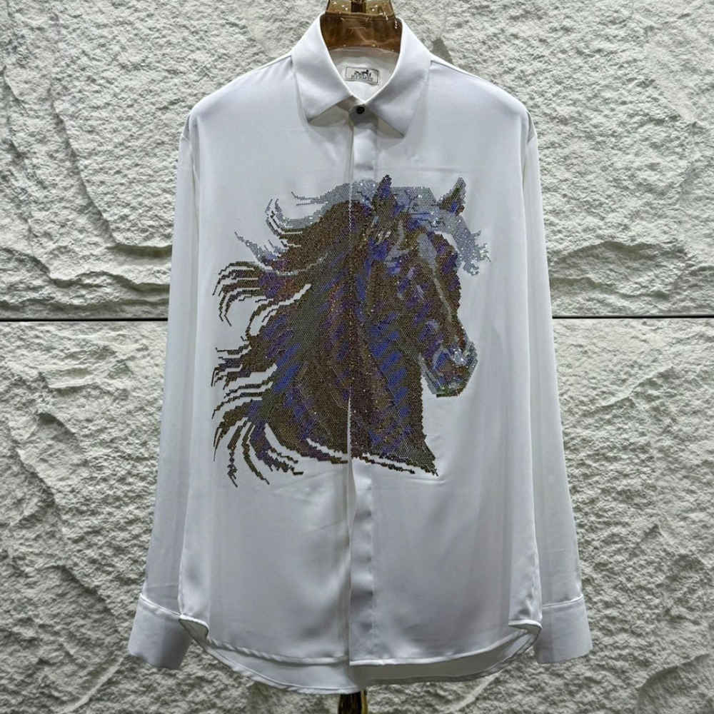 Hermès Crystal-Embroidery Horse Logo White Premium Shirt-1