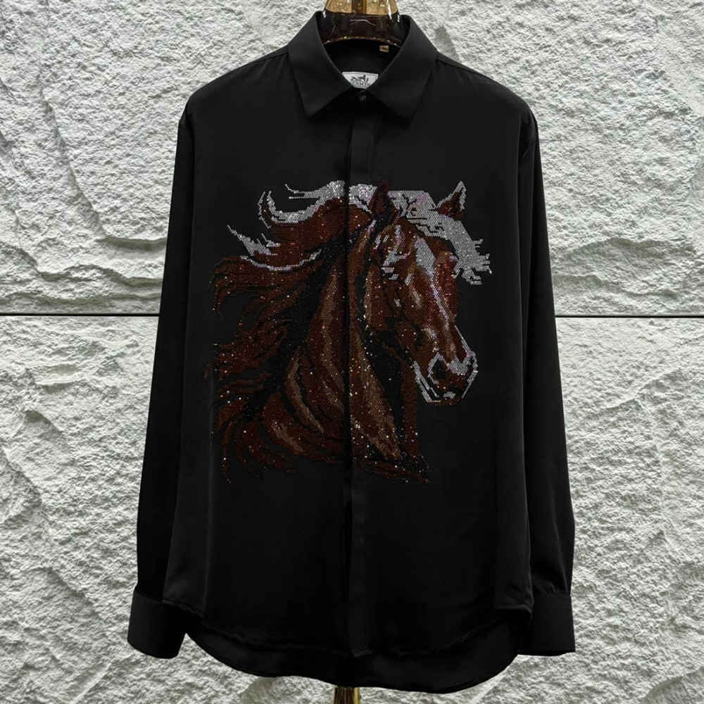 Hermès Crystal-Embroidery Horse Logo Black Premium Shirt-thumb-0