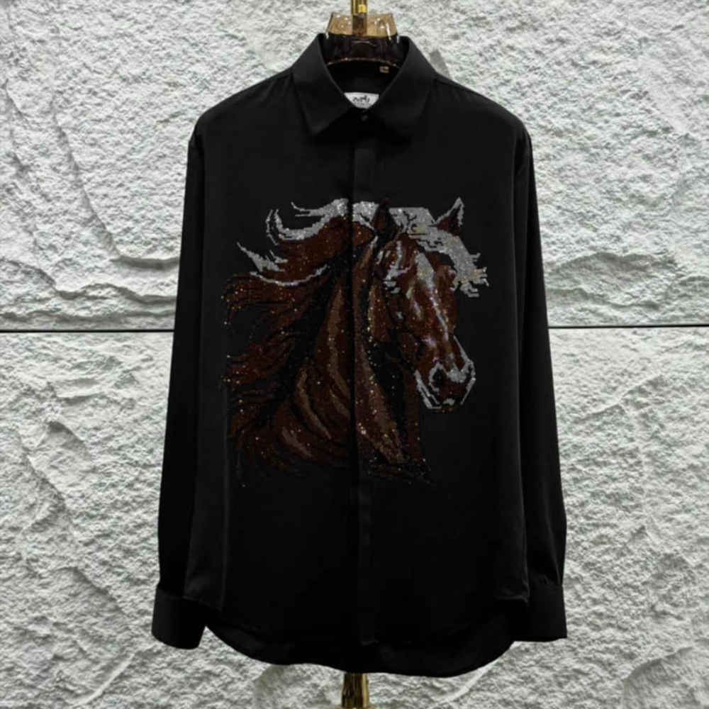 Hermès Crystal-Embroidery Horse Logo Black Premium Shirt-thumb-1