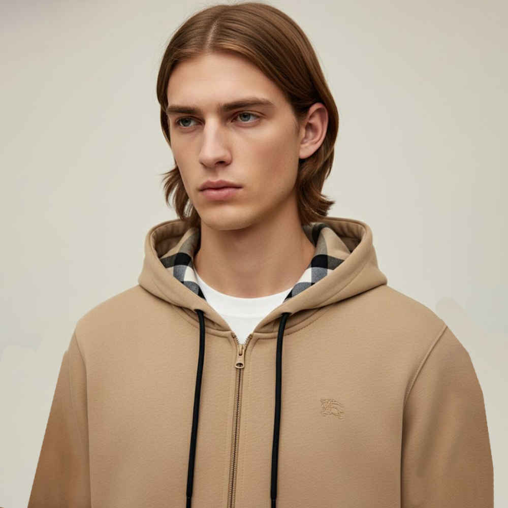 Burberry 'Hove' Check Hood Embroidery Logo Zip Hoodie-thumb-0