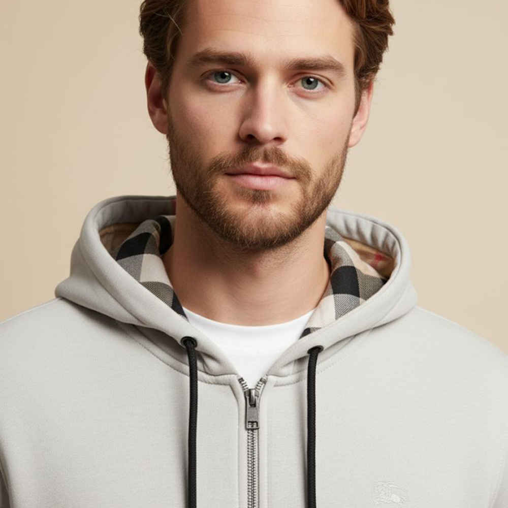 Burberry Hood Embroidery Logo White Zip Hoodie-thumb-2