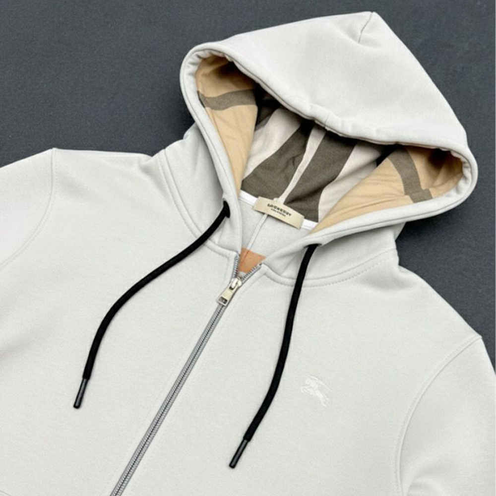 Burberry Hood Embroidery Logo White Zip Hoodie-thumb-3