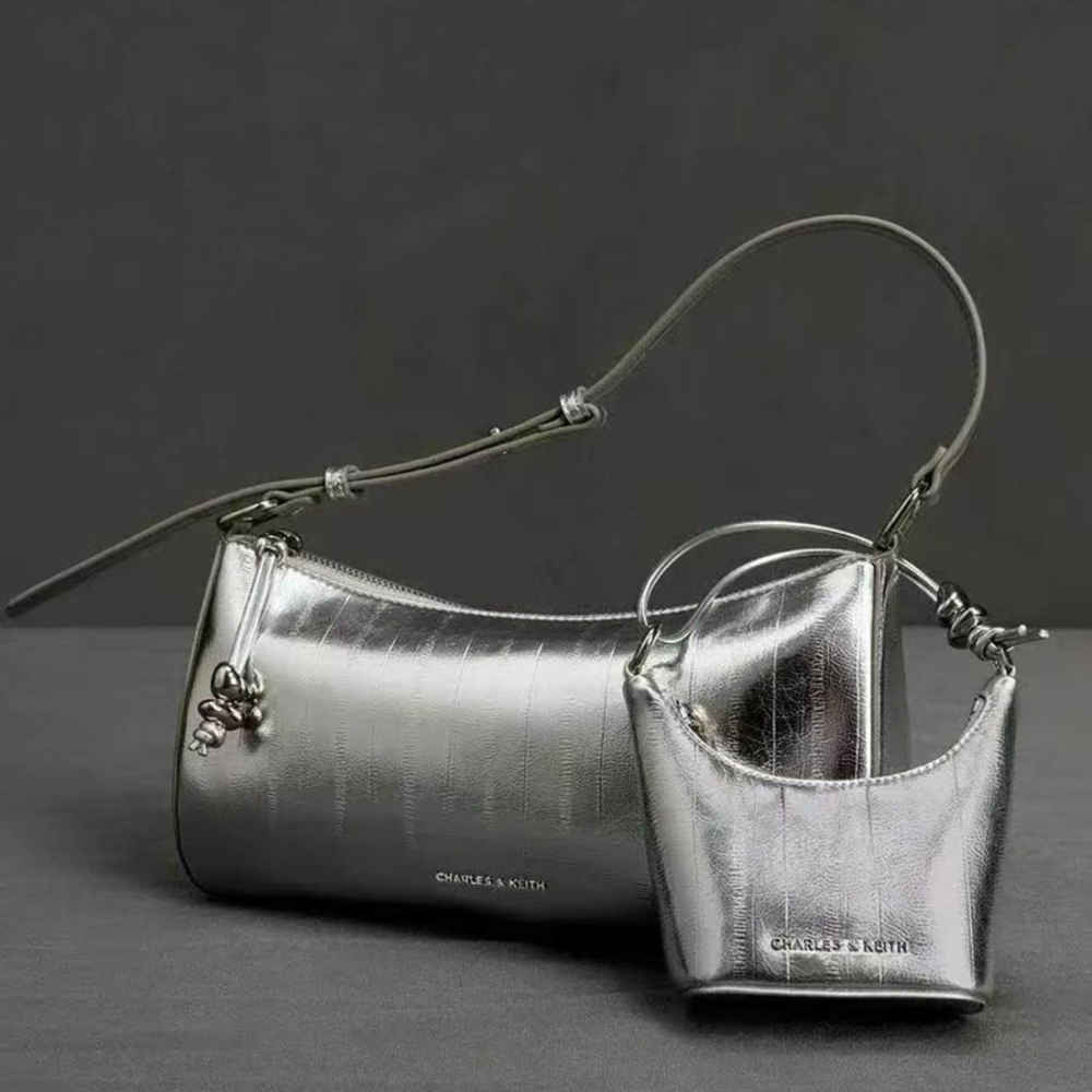 Charles & Keith Augustine Metallic Eel-Effect Silver Scultured Bag-thumb-0