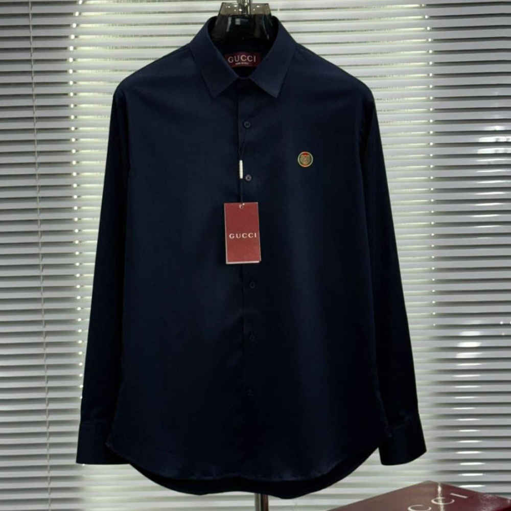 Gucci GG Embroidery Blue Stretch Cotton Shirt-thumb-0