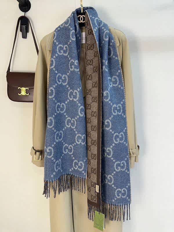 Gucci GG Monogram Bee Warm Blue Reversible Cashmere Stole-3