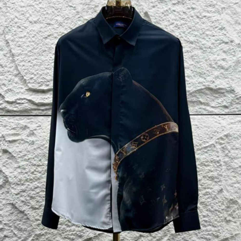 Louis Vuitton Monogram Navy blue Panther Print Premium Cotton Shirt-thumb-0