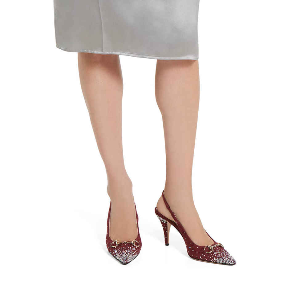 Gucci Women's Crystal Horsebit Red Slingback Heels Sandles-5