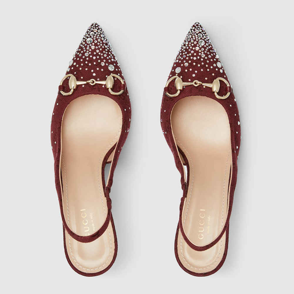 Gucci Women's Crystal Horsebit Red Slingback Heels Sandles-3